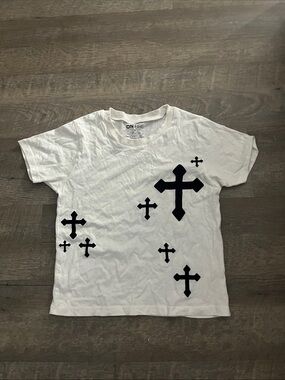 On Fire White Tee with Black Cross Motif